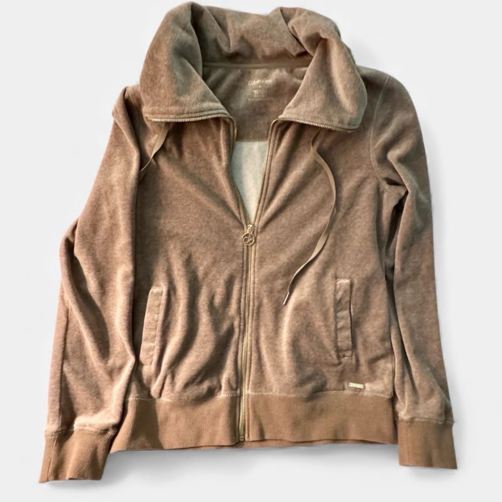 Calvin Klein Velour Full Zip Jacket Women's Medium Brown Stud Detail On Back EUC